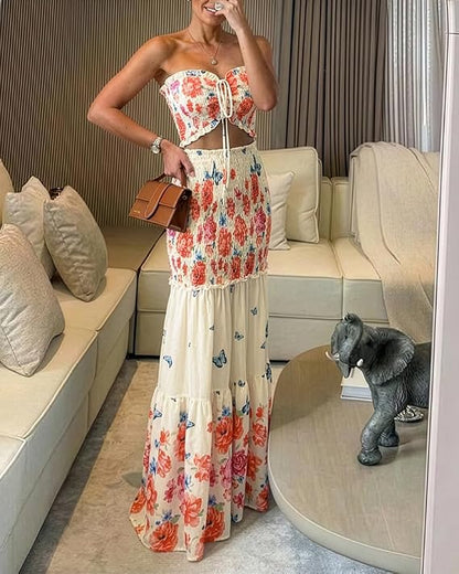 CHICME Floral Vacation Dress Halter Tie Ruched Womens Maxi Dress