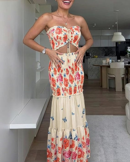 CHICME Floral Vacation Dress Halter Tie Ruched Womens Maxi Dress
