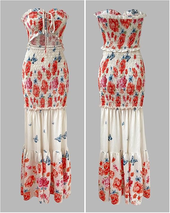 CHICME Floral Vacation Dress Halter Tie Ruched Womens Maxi Dress