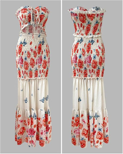 CHICME Floral Vacation Dress Halter Tie Ruched Womens Maxi Dress