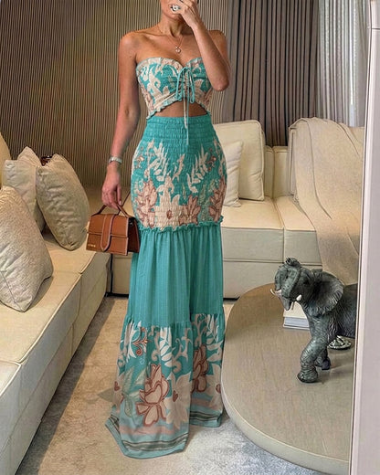 CHICME Floral Printed Prom Dress Tie Ruched Shirred Bandeau Party Dress