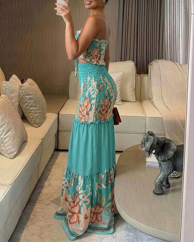 CHICME Floral Printed Prom Dress Tie Ruched Shirred Bandeau Party Dress