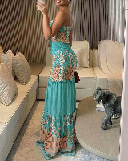 CHICME Floral Printed Prom Dress Tie Ruched Shirred Bandeau Party Dress