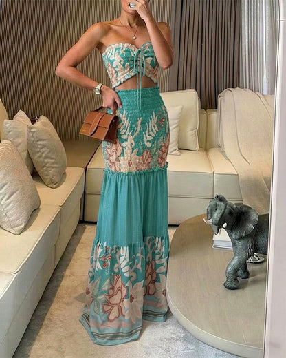 CHICME Floral Printed Prom Dress Tie Ruched Shirred Bandeau Party Dress