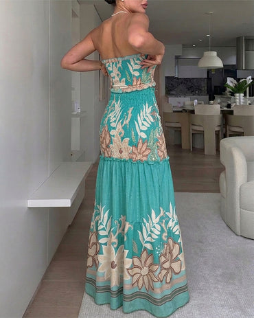 CHICME Floral Printed Prom Dress Tie Ruched Shirred Bandeau Party Dress