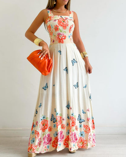 Jharna_Fashionedits Women’s Floral Butterfly Print Linen Maxi Dress