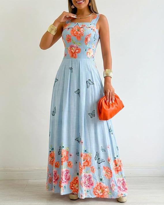 Jharna_Fashionedits Women’s Floral Butterfly Print Linen Maxi Dress