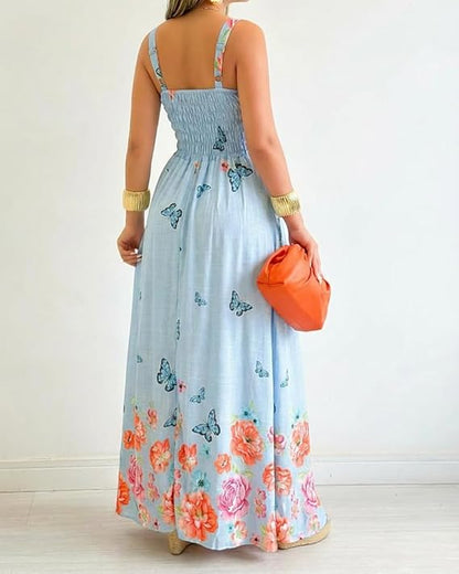 Jharna_Fashionedits Women’s Floral Butterfly Print Linen Maxi Dress
