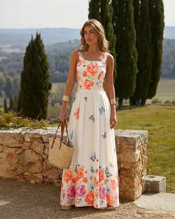 Jharna_Fashionedits Women’s Floral Butterfly Print Linen Maxi Dress