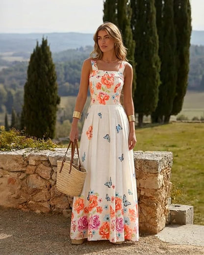 Jharna_Fashionedits Women’s Floral Butterfly Print Linen Maxi Dress