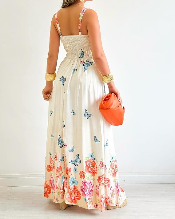 Jharna_Fashionedits Women’s Floral Butterfly Print Linen Maxi Dress