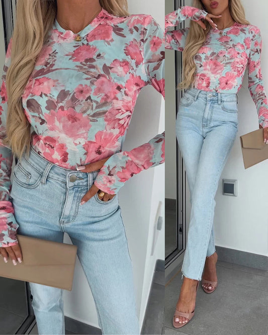 CHICME Womens Floral Mesh Long Sleeve Tops Crewneck See Through Fitted Shirts