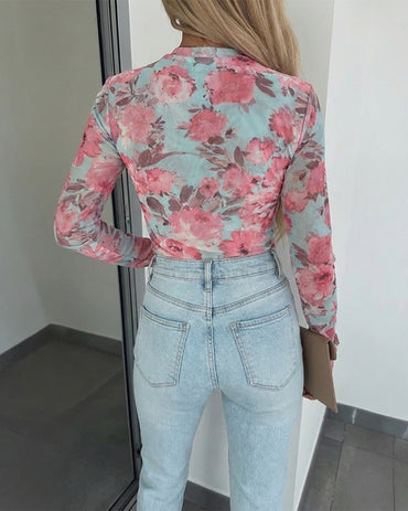 CHICME Womens Floral Mesh Long Sleeve Tops Crewneck See Through Fitted Shirts