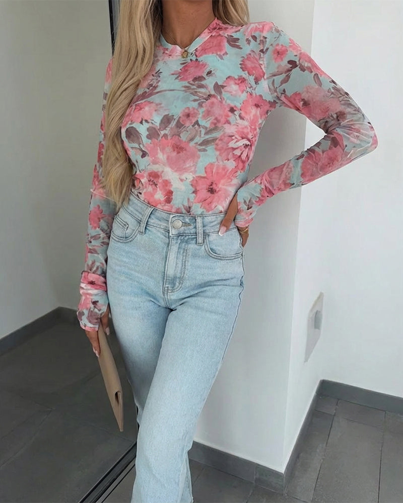 CHICME Womens Floral Mesh Long Sleeve Tops Crewneck See Through Fitted Shirts
