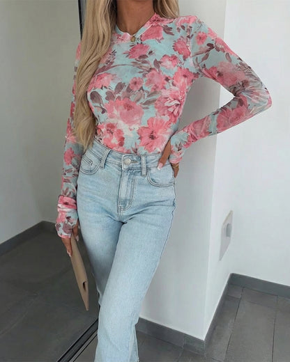 CHICME Womens Floral Mesh Long Sleeve Tops Crewneck See Through Fitted Shirts