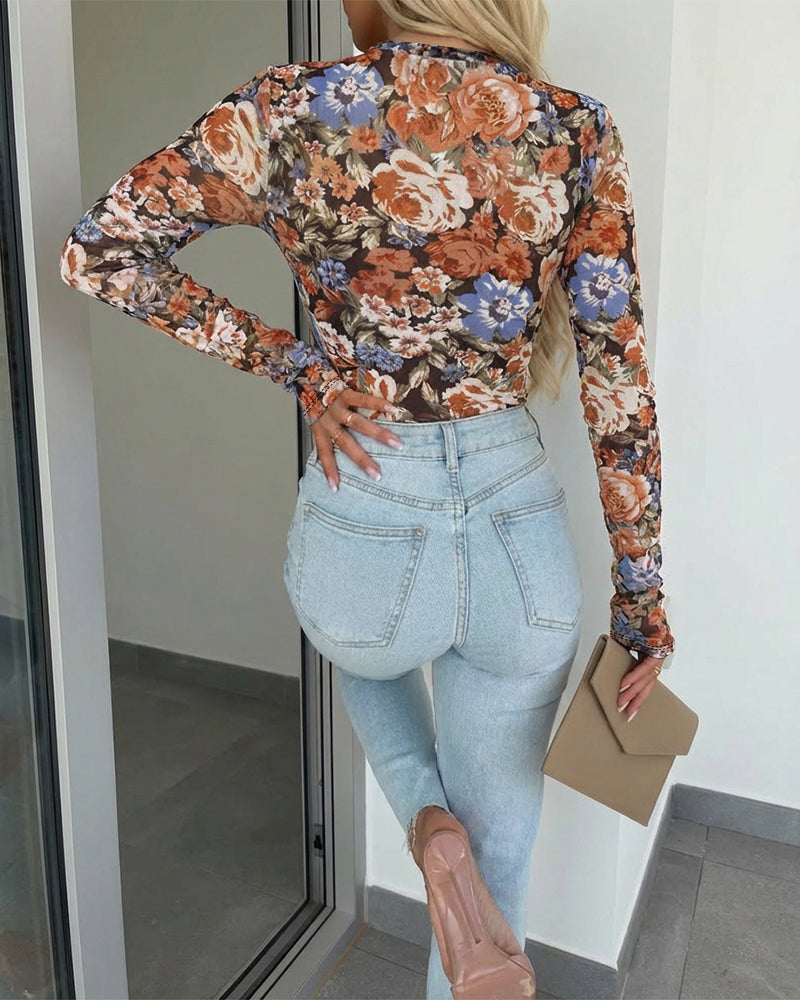CHICME Womens Floral Mesh Long Sleeve Tops