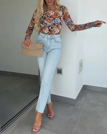 CHICME Womens Floral Mesh Long Sleeve Tops