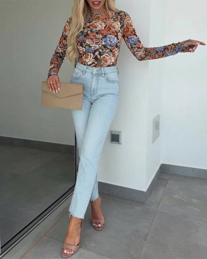 CHICME Womens Floral Mesh Long Sleeve Tops