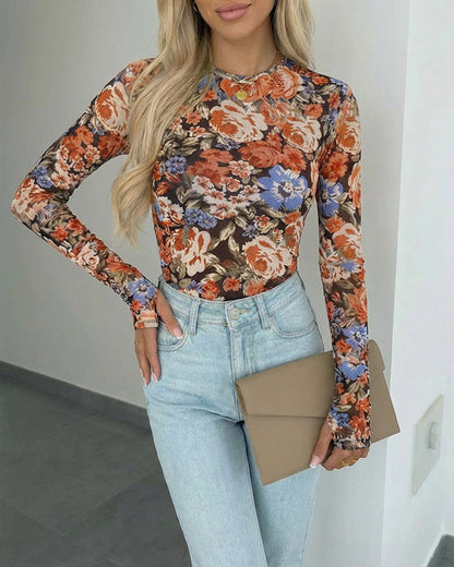 CHICME Womens Floral Mesh Long Sleeve Tops