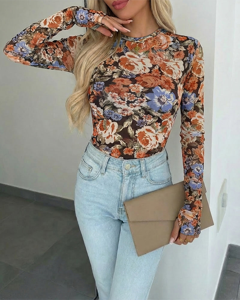CHICME Womens Floral Mesh Long Sleeve Tops