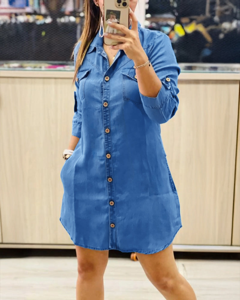 CHICME Womens Denim Shirt Dress Long Sleeve Button Down Jean Dress Casual Tunic Top with Pockets