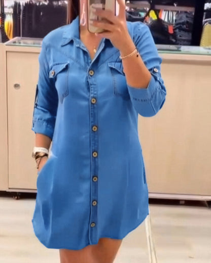 CHICME Womens Denim Shirt Dress Long Sleeve Button Down Jean Dress Casual Tunic Top with Pockets