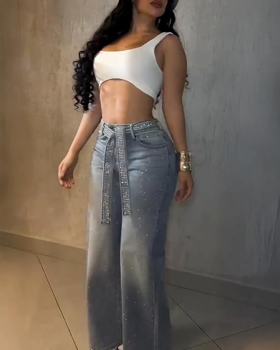 Chanteljanay High Waisted Wide Leg Jeans for Women Rhinestone Embellished Denim Pants with Matching Sparkle Belt