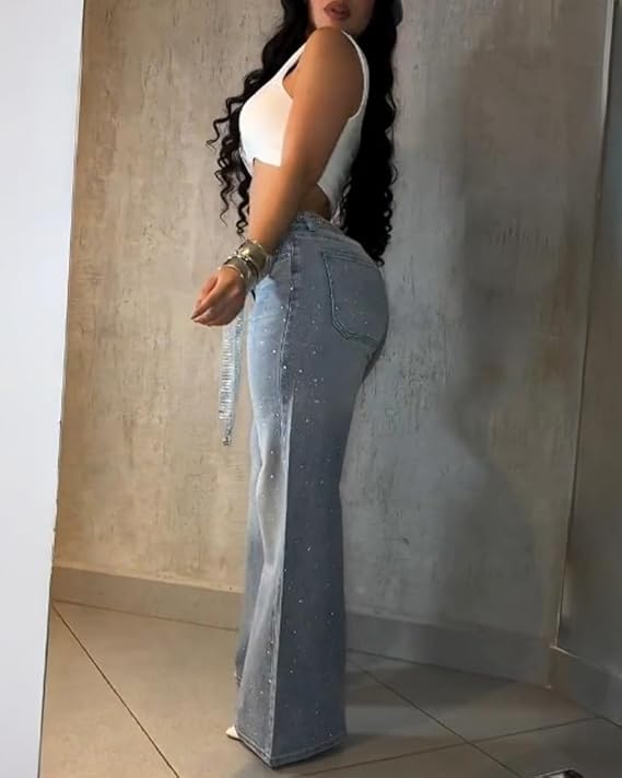 Chanteljanay High Waisted Wide Leg Jeans for Women Rhinestone Embellished Denim Pants with Matching Sparkle Belt