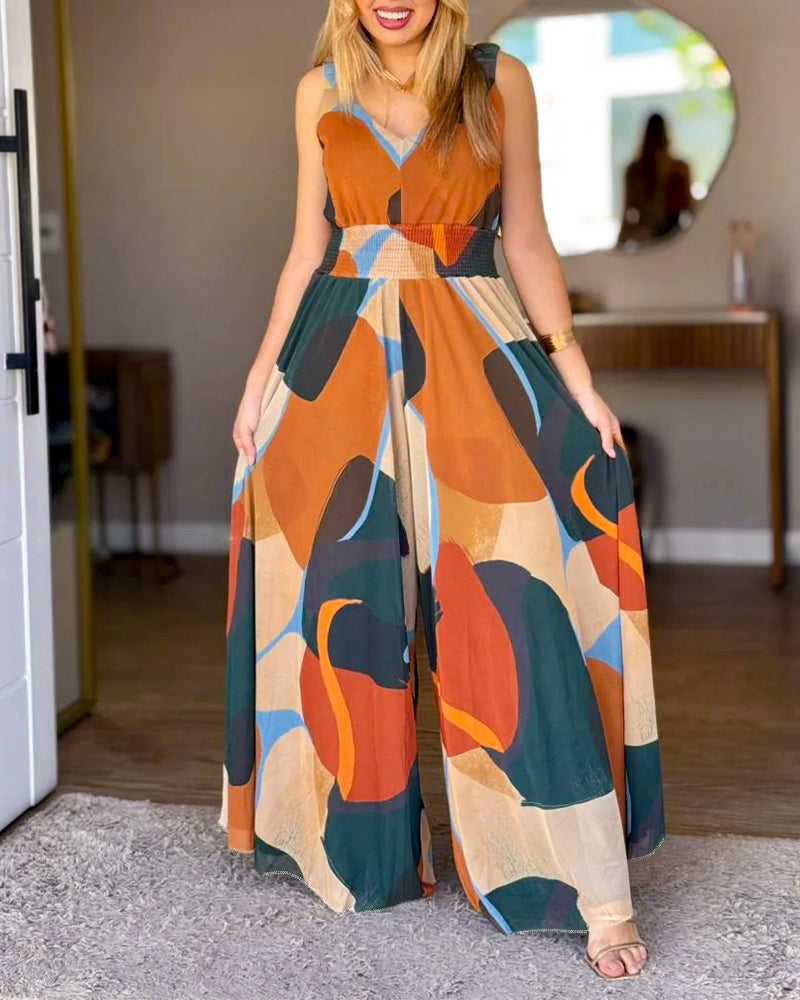 Jharna_Fashionedits Women’s Abstract Print V Neck Jumpsuit Wide Leg