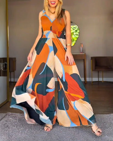 Jharna_Fashionedits Women’s Abstract Print V Neck Jumpsuit Wide Leg