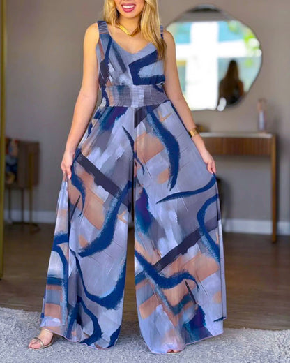 CHICME Women’s Abstract Print V Neck Jumpsuit Wide Leg High Cinched Waist Backless Sleeveless Chic Vacation Beach Romper