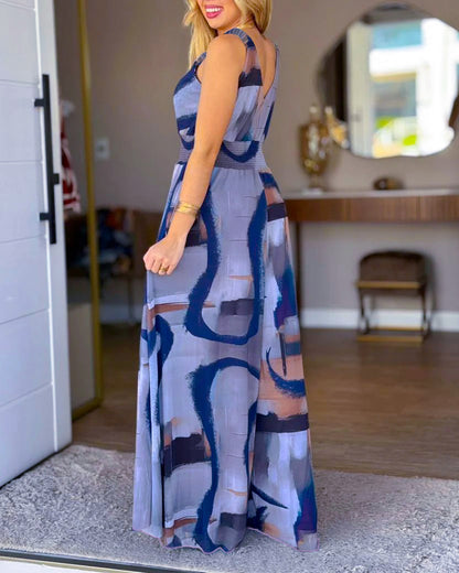 CHICME Women’s Abstract Print V Neck Jumpsuit Wide Leg High Cinched Waist Backless Sleeveless Chic Vacation Beach Romper