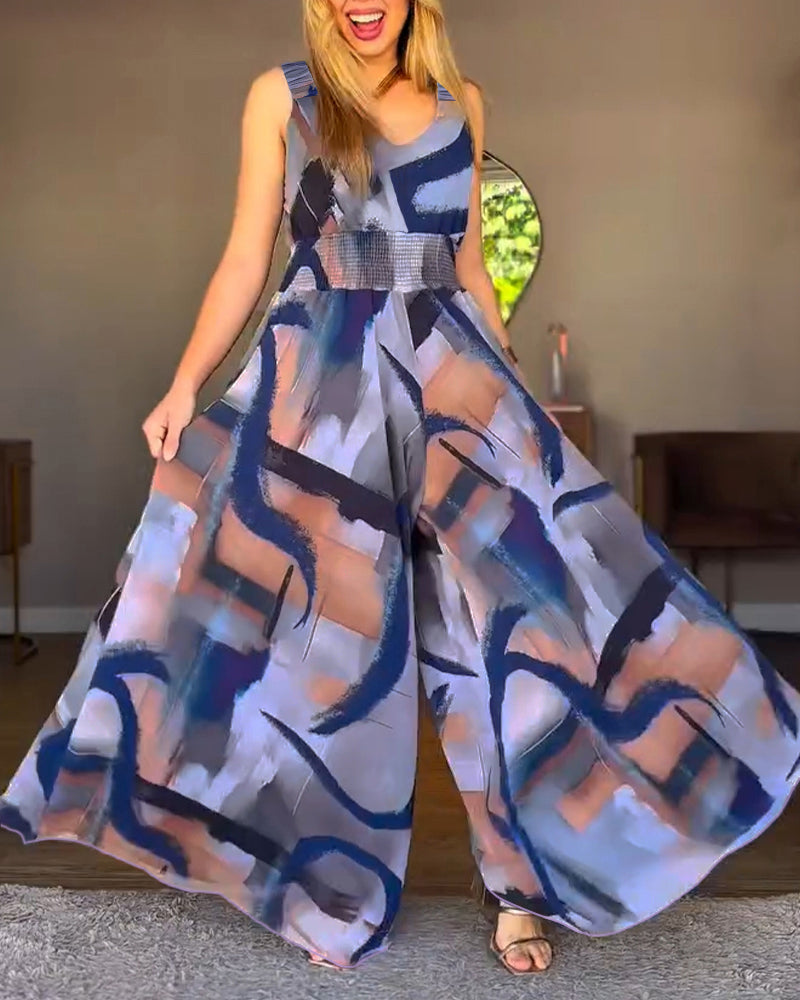 CHICME Women’s Abstract Print V Neck Jumpsuit Wide Leg High Cinched Waist Backless Sleeveless Chic Vacation Beach Romper