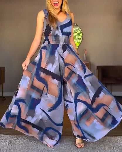 CHICME Women’s Abstract Print V Neck Jumpsuit Wide Leg High Cinched Waist Backless Sleeveless Chic Vacation Beach Romper