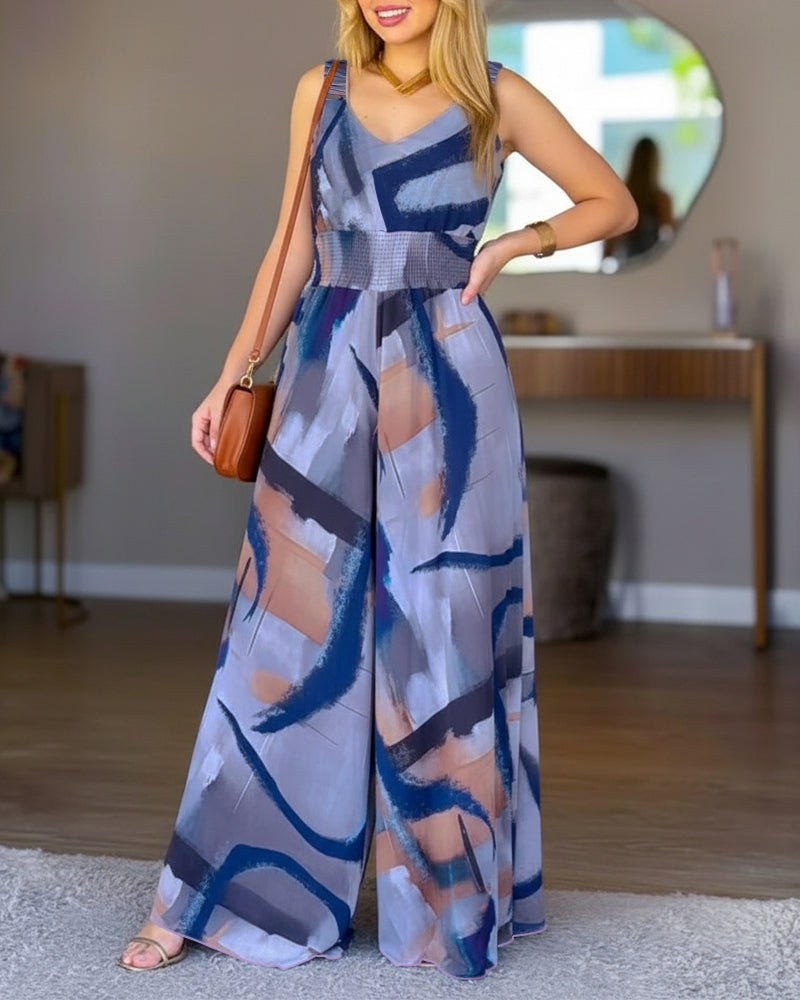 CHICME Women’s Abstract Print V Neck Jumpsuit Wide Leg High Cinched Waist Backless Sleeveless Chic Vacation Beach Romper