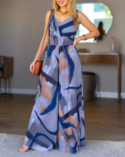 CHICME Women’s Abstract Print V Neck Jumpsuit Wide Leg High Cinched Waist Backless Sleeveless Chic Vacation Beach Romper