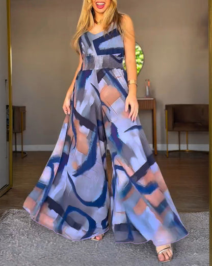 CHICME Women’s Abstract Print V Neck Jumpsuit Wide Leg High Cinched Waist Backless Sleeveless Chic Vacation Beach Romper