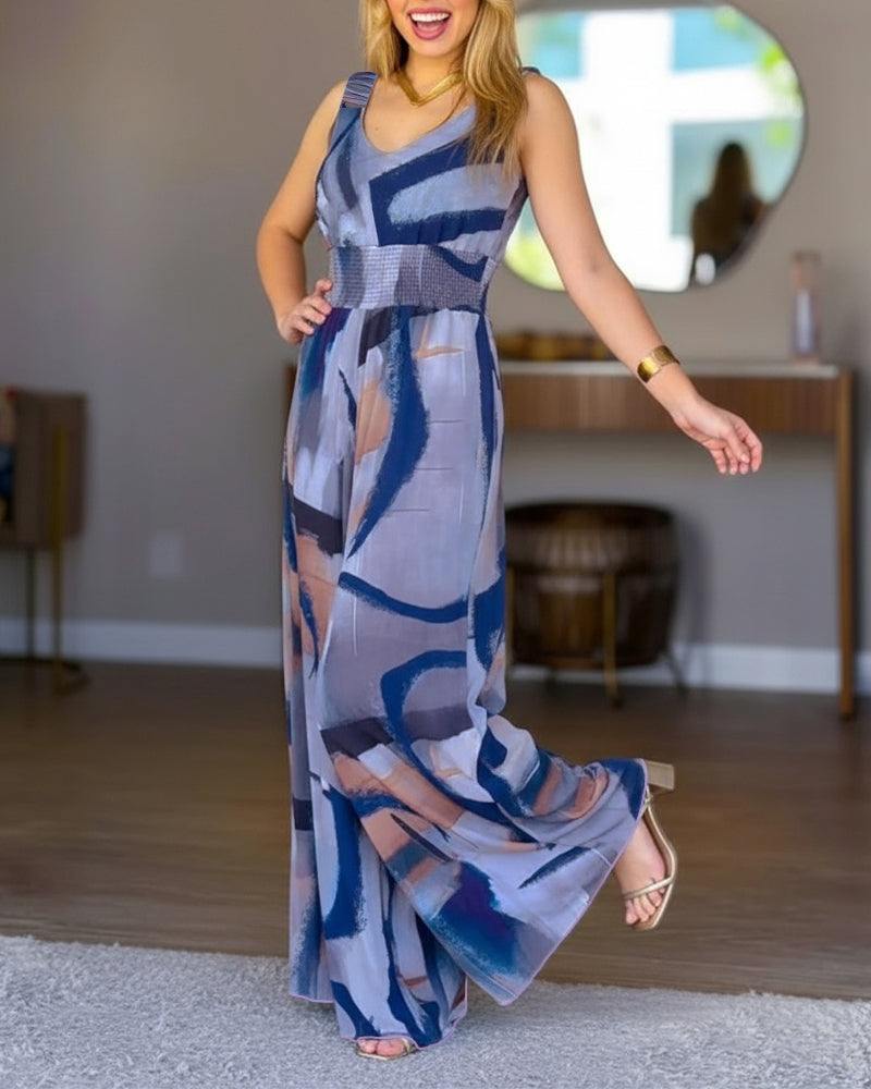CHICME Women’s Abstract Print V Neck Jumpsuit Wide Leg High Cinched Waist Backless Sleeveless Chic Vacation Beach Romper