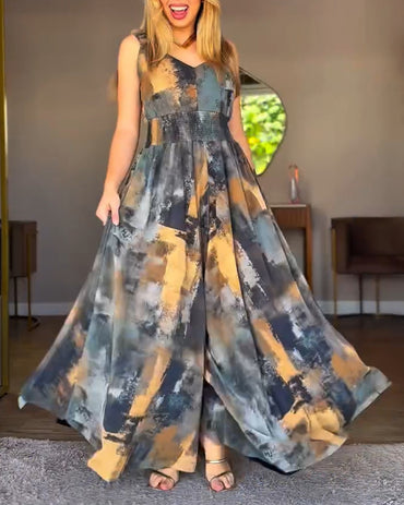 CHICME Women’s Abstract Print V Neck Jumpsuit