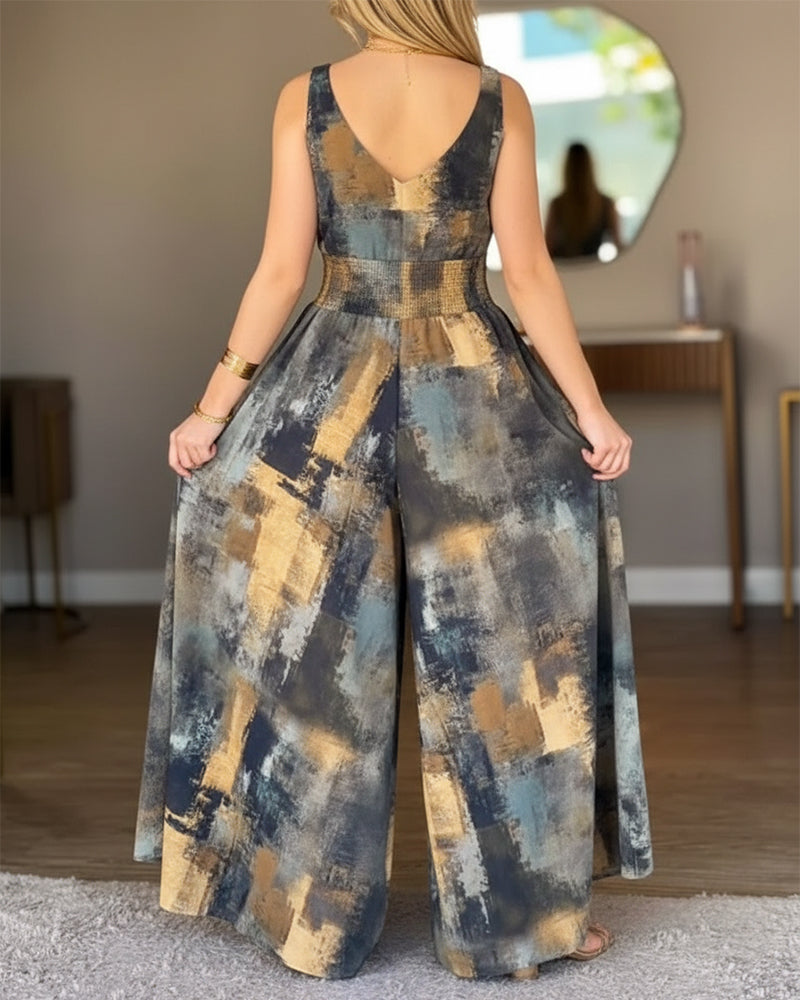 CHICME Women’s Abstract Print V Neck Jumpsuit