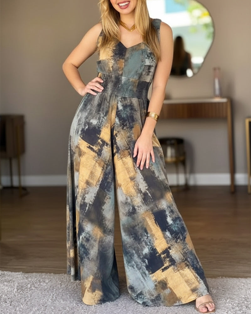CHICME Women’s Abstract Print V Neck Jumpsuit