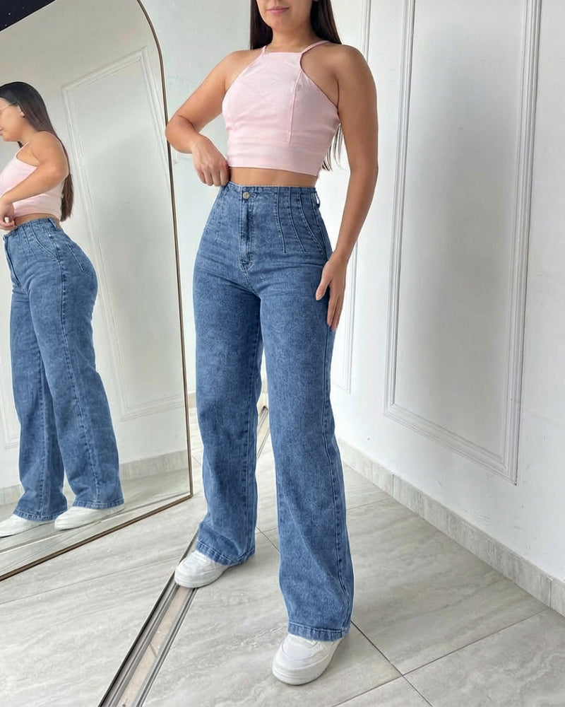 CHICME Women's High Waisted Wide Leg Jeans Light Wash Stretch Denim Pants
