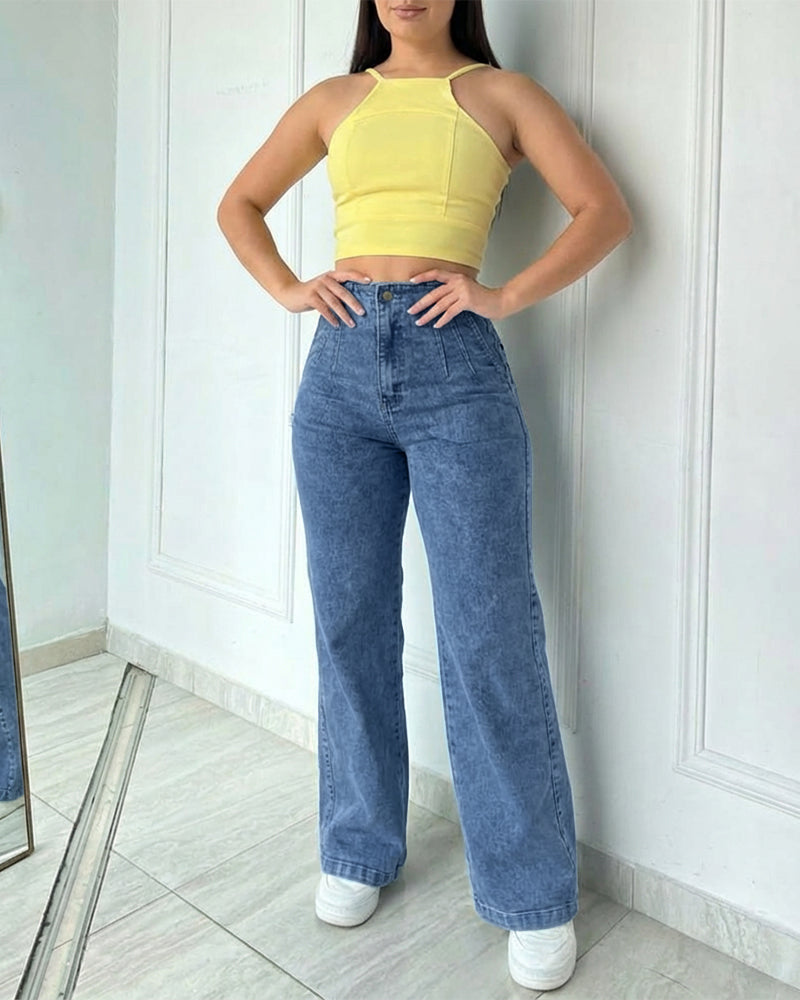 CHICME Women's High Waisted Wide Leg Jeans Light Wash Stretch Denim Pants