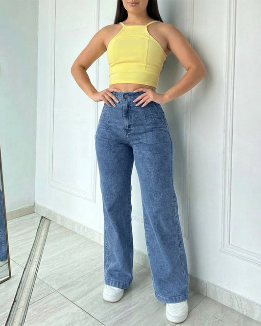 CHICME Women's High Waisted Wide Leg Jeans Light Wash Stretch Denim Pants