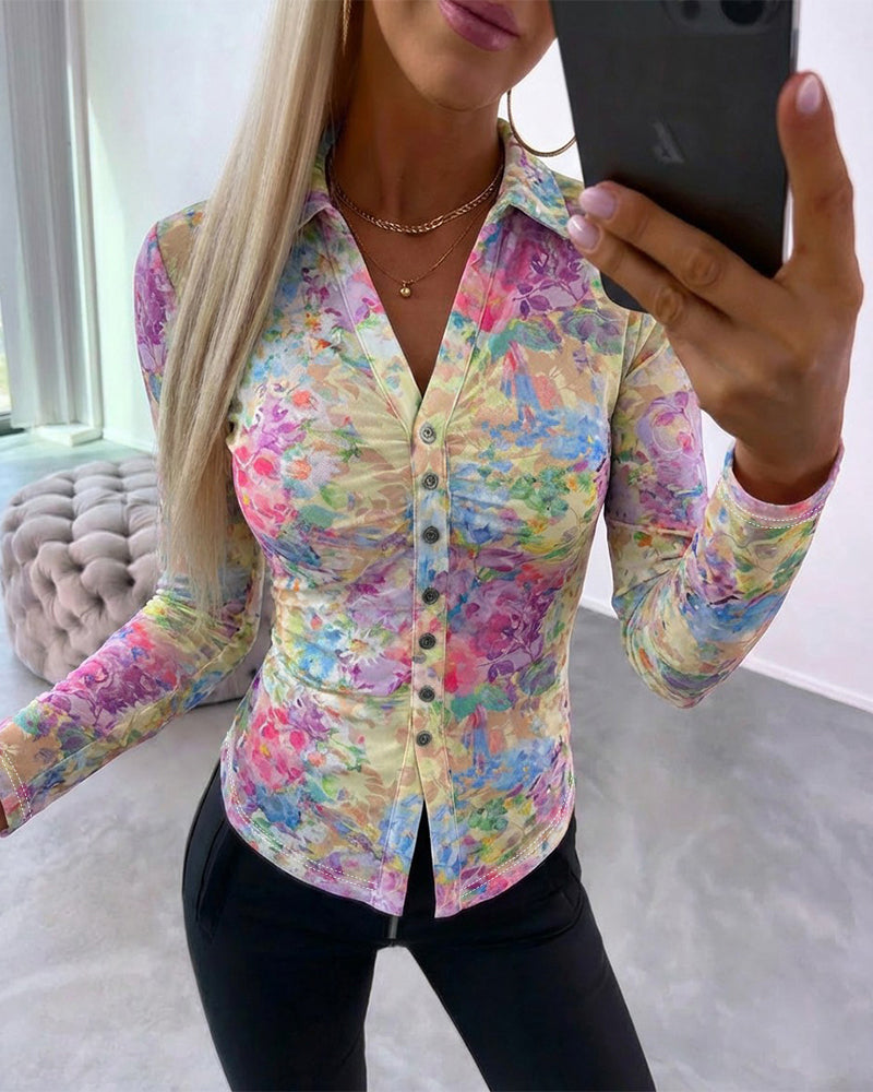CHICME Sheer Mesh Button Down Shirt for Women Floral Print Tops