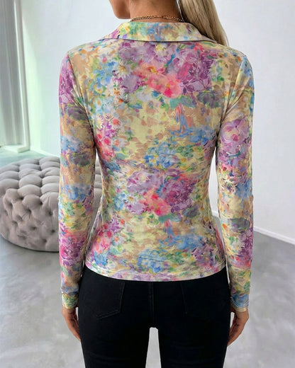 CHICME Sheer Mesh Button Down Shirt for Women Floral Print Tops