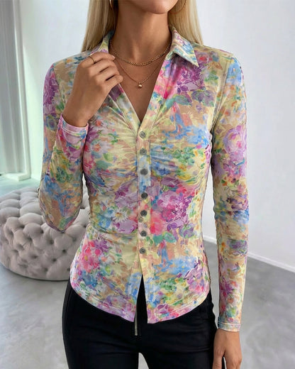 CHICME Sheer Mesh Button Down Shirt for Women Floral Print Tops