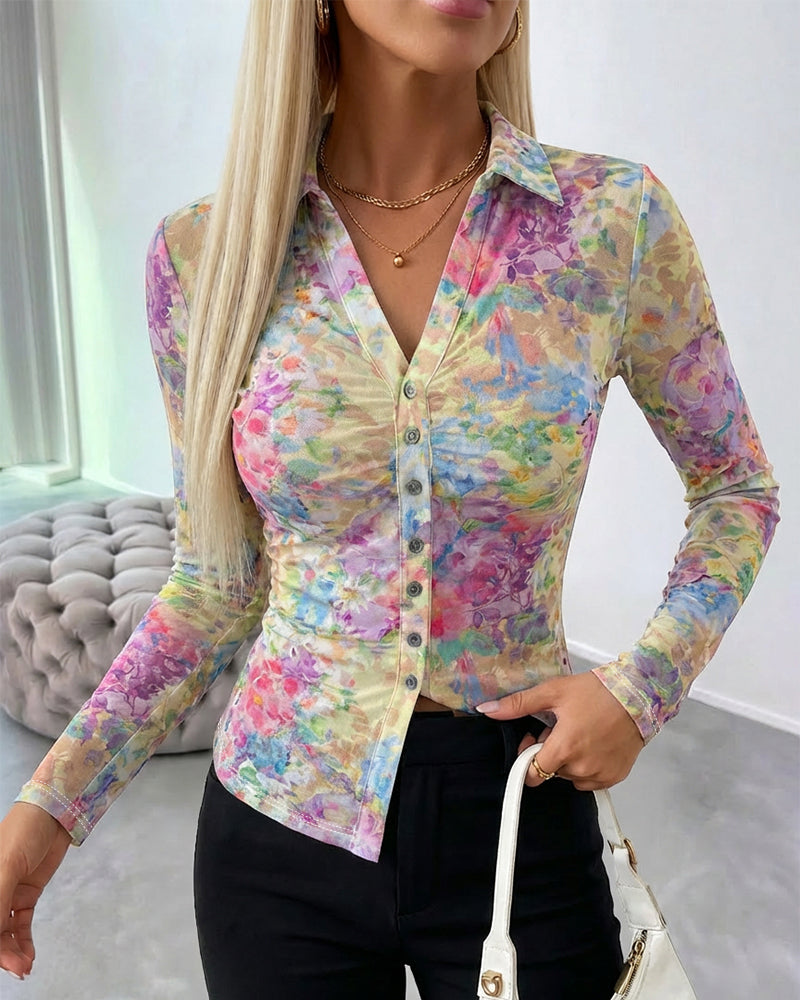 CHICME Sheer Mesh Button Down Shirt for Women Floral Print Tops