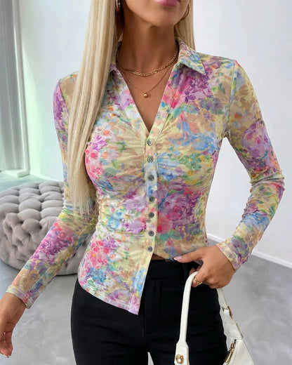 CHICME Sheer Mesh Button Down Shirt for Women Floral Print Tops