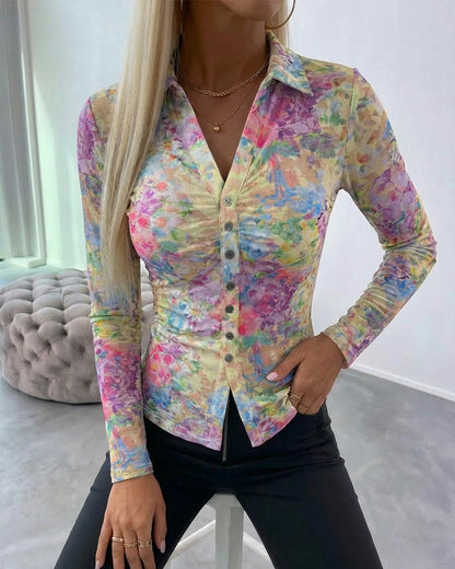 CHICME Sheer Mesh Button Down Shirt for Women Floral Print Tops
